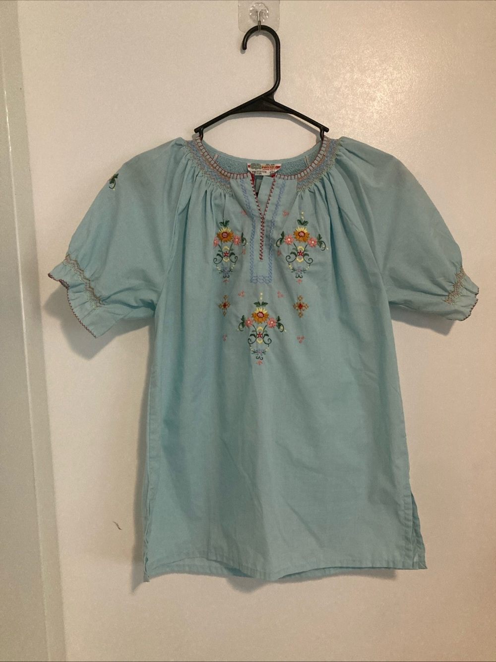 Vintage Embroidered Smocked Peasant Blouse - Light Blue